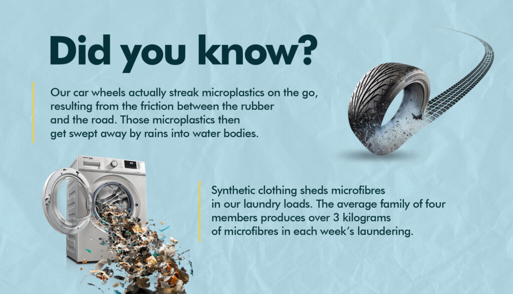 Did you know? Our car wheels actually streak microplastics on the go, resulting from the friction between the rubber and the road. The microplastics then get swept away by rains into water bodies. Synthetic clothing sheds microfibres in our laundry loads. The average family of four members produces over 3 kilograms of microfibres in each week's laundering.Did you know? Our car wheels actually streak microplastics on the go, resulting from the friction between the rubber and the road. The microplastics then get swept away by rains into water bodies. Synthetic clothing sheds microfibres in our laundry loads. The average family of four members produces over 3 kilograms of microfibres in each week's laundering.Did you know? Our car wheels actually streak microplastics on the go, resulting from the friction between the rubber and the road. The microplastics then get swept away by rains into water bodies. Synthetic clothing sheds microfibres in our laundry loads. The average family of four members produces over 3 kilograms of microfibres in each week's laundering.